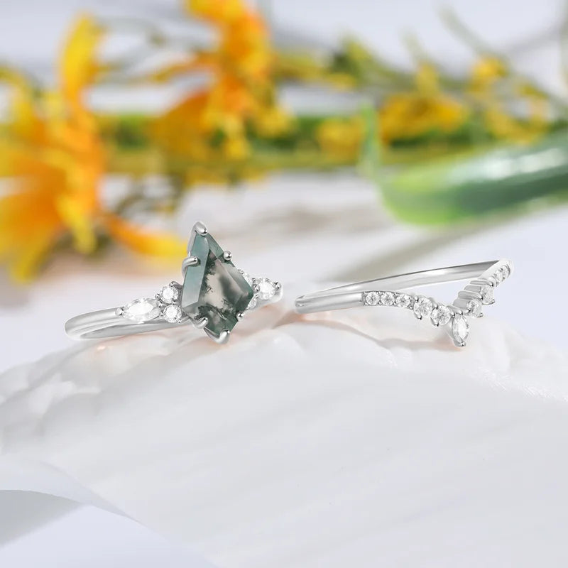 Kite Cut Moss Agate Engagement Ring Set with Moissanite