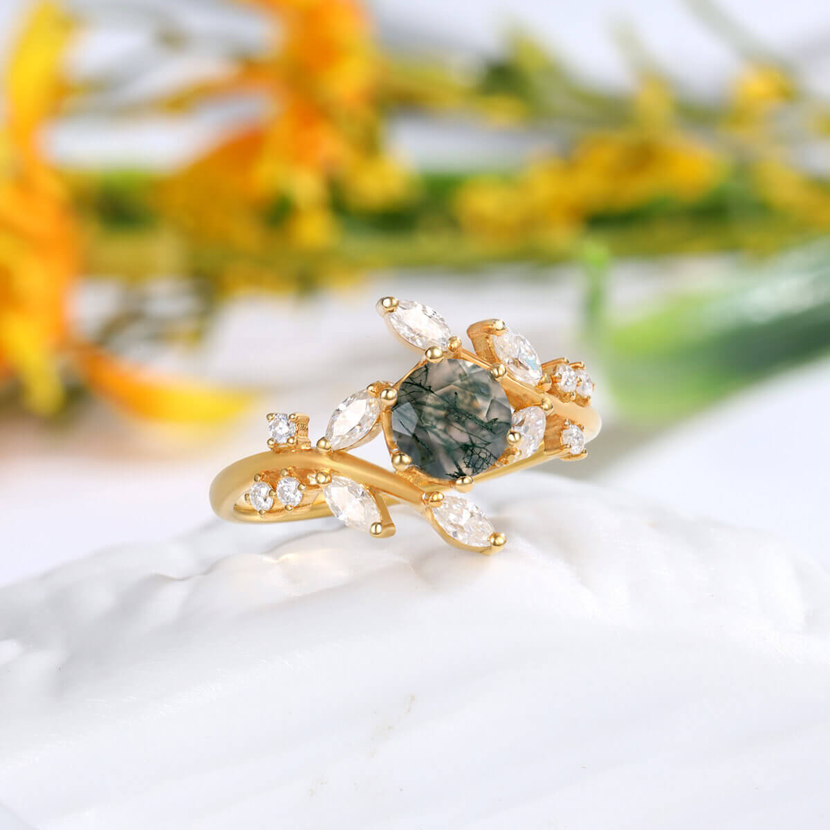 Moss Agate Branch Wedding Ring