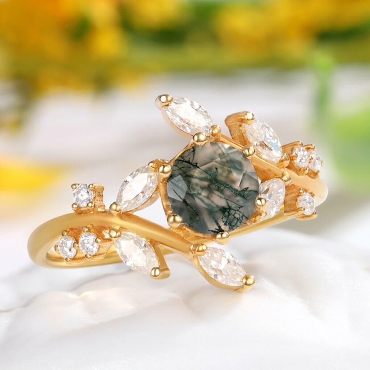 Moss Agate Branch Wedding Ring