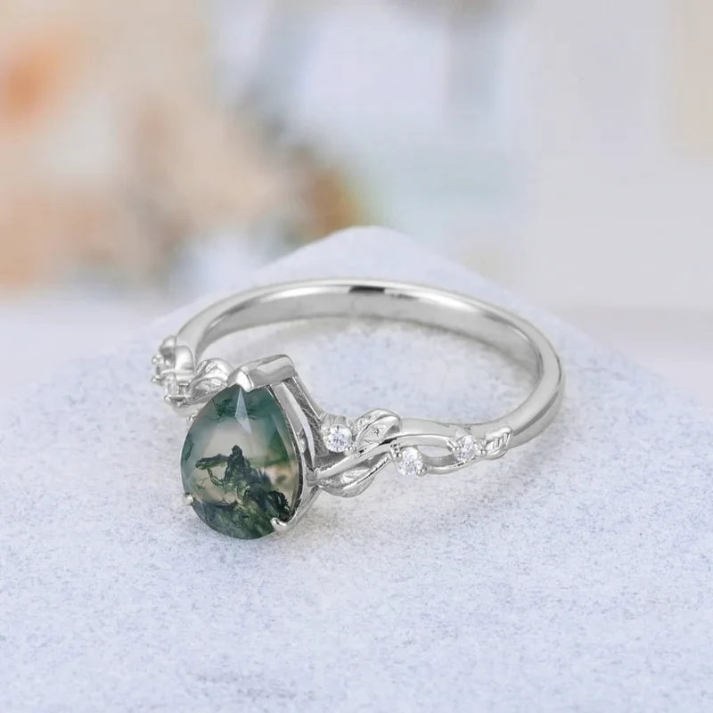 Green Moss Agate Ring Pear Shaped Sterling Silver