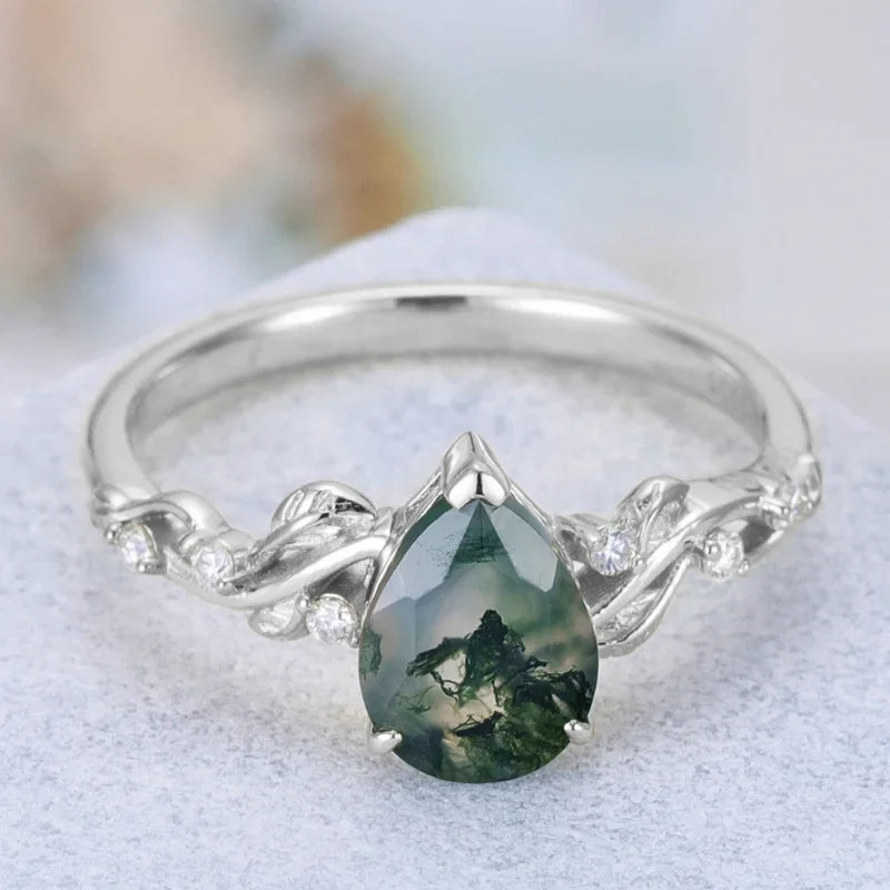 Green Moss Agate Ring Pear Shaped Sterling Silver