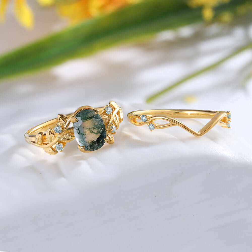 Oval Cut Natural Green Moss Agate Ring Set with Moissanite 18K Gold