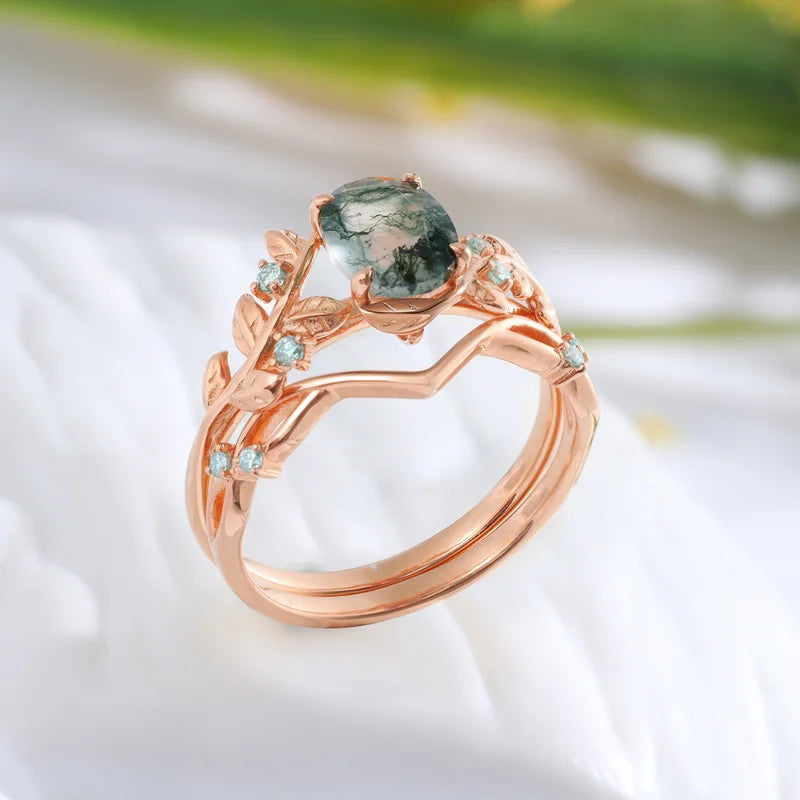 Oval Cut Natural Green Moss Agate Ring Set with Moissanite