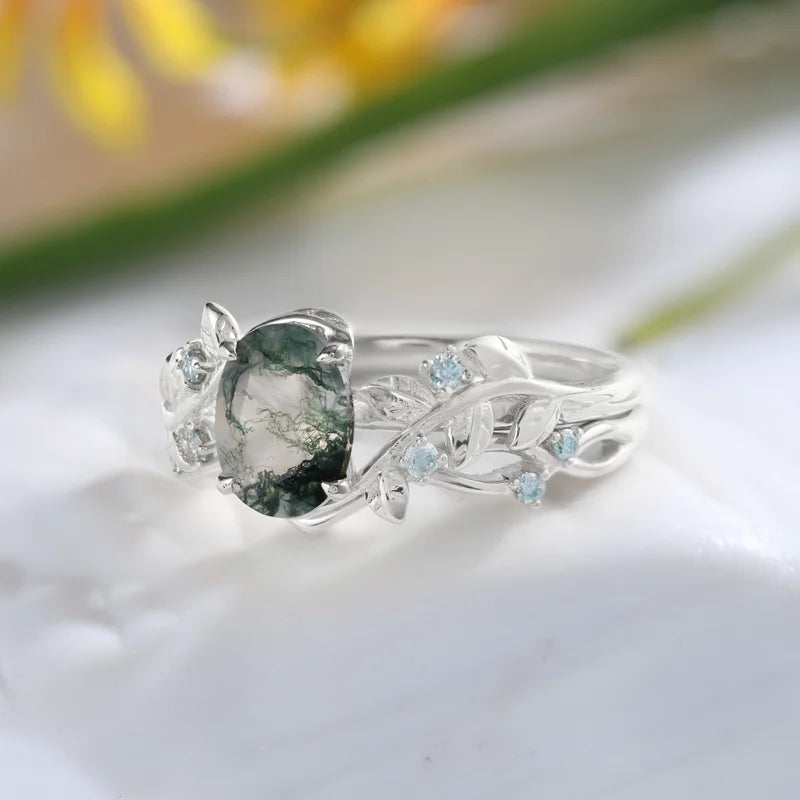 Oval Cut Natural Green Moss Agate Ring Set with Moissanite