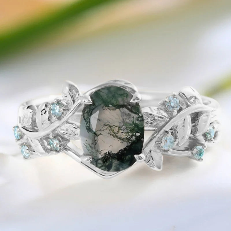 Oval Cut Natural Green Moss Agate Ring Set with Moissanite