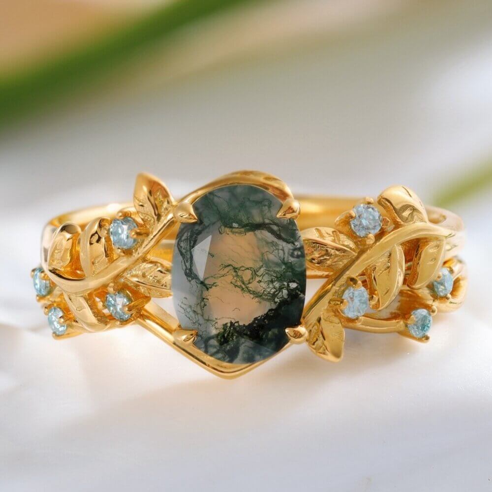 Oval Cut Natural Green Moss Agate Ring Set with Moissanite 18K Gold