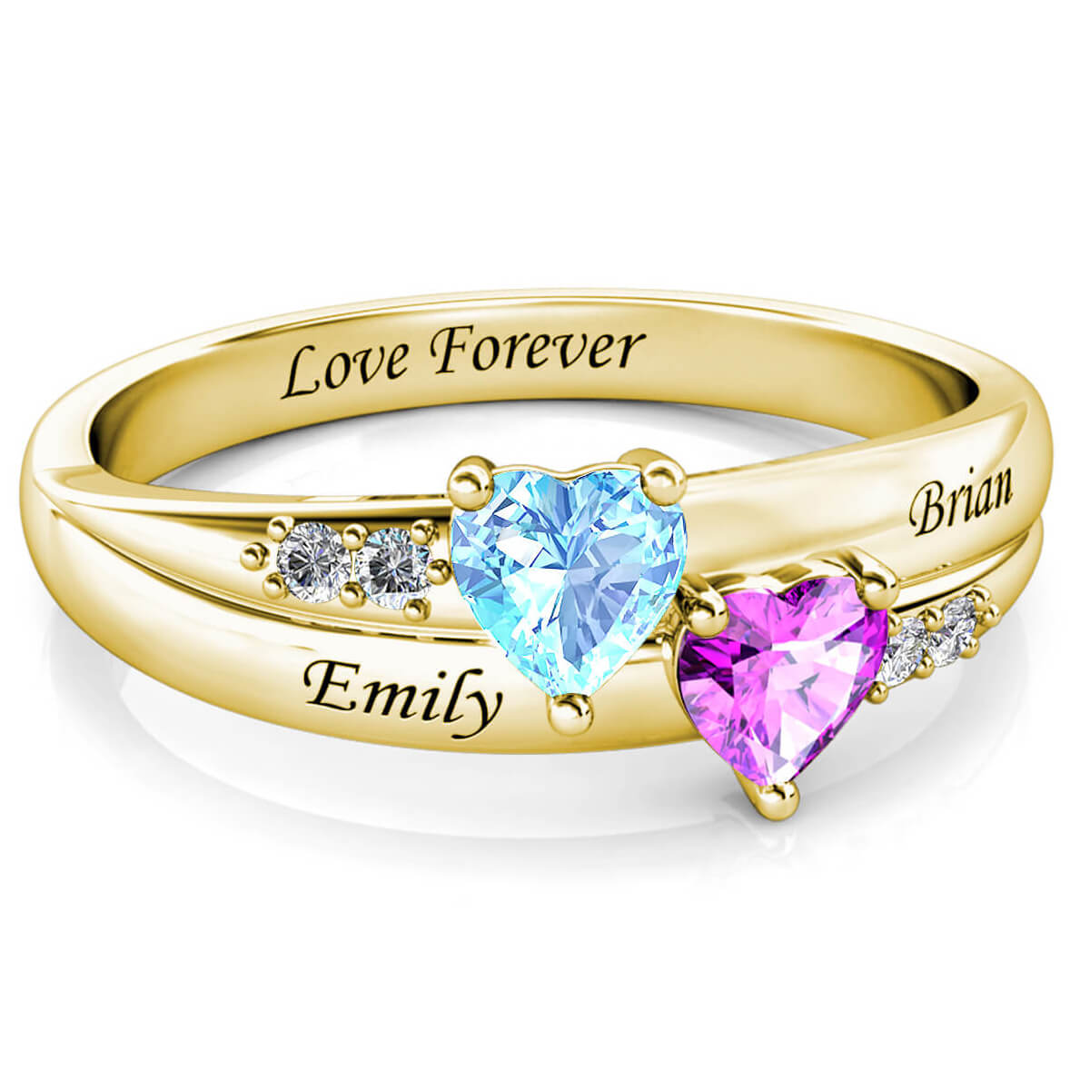 Personalised 2 Birthstone Ring - Engraved Name Ring - Gold - IFSHE