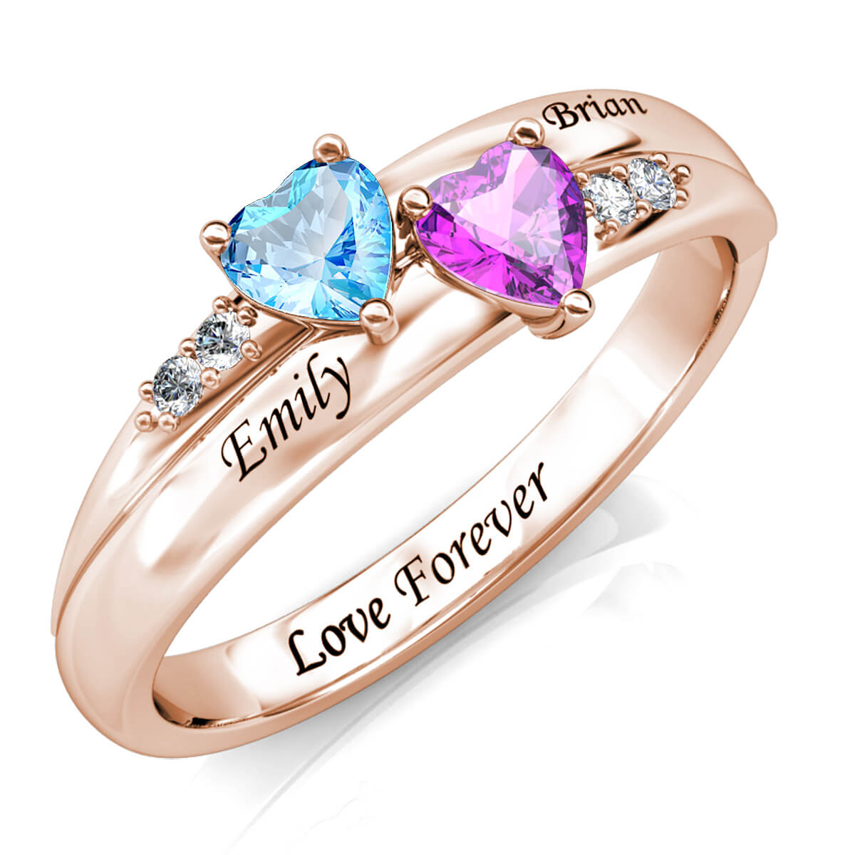 Personalised 2 Birthstone Ring - Engraved Name Ring - Rose Gold - IFSHE