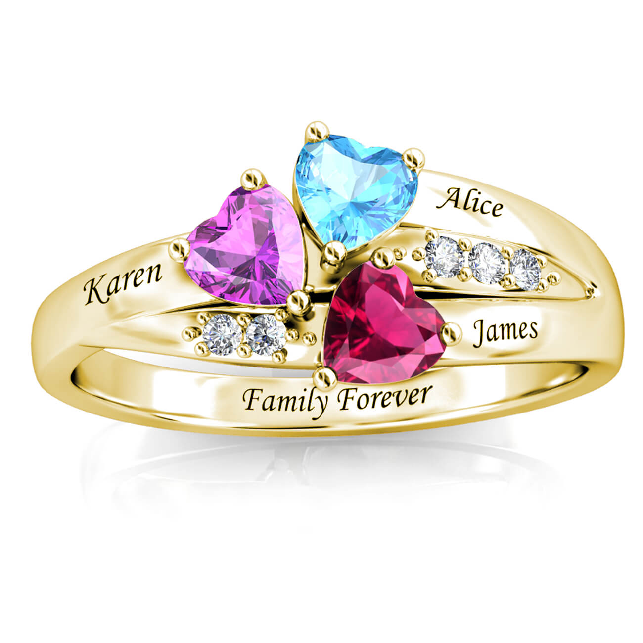 Personalised 3 Birthstone Ring - Engraved Sterling Silver Name Ring - Gold - IFSHE