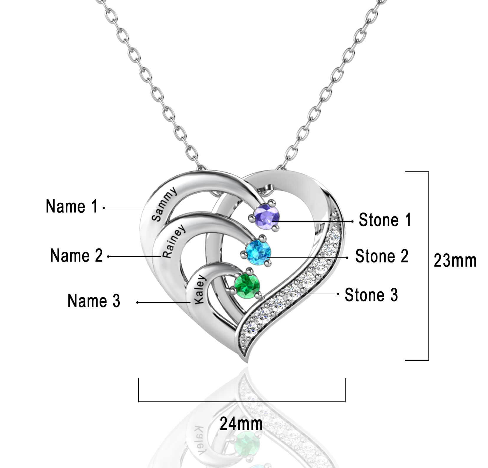 Personalised 3 Name Necklace with 3 Birthstone - Engraved Necklace - IFSHE