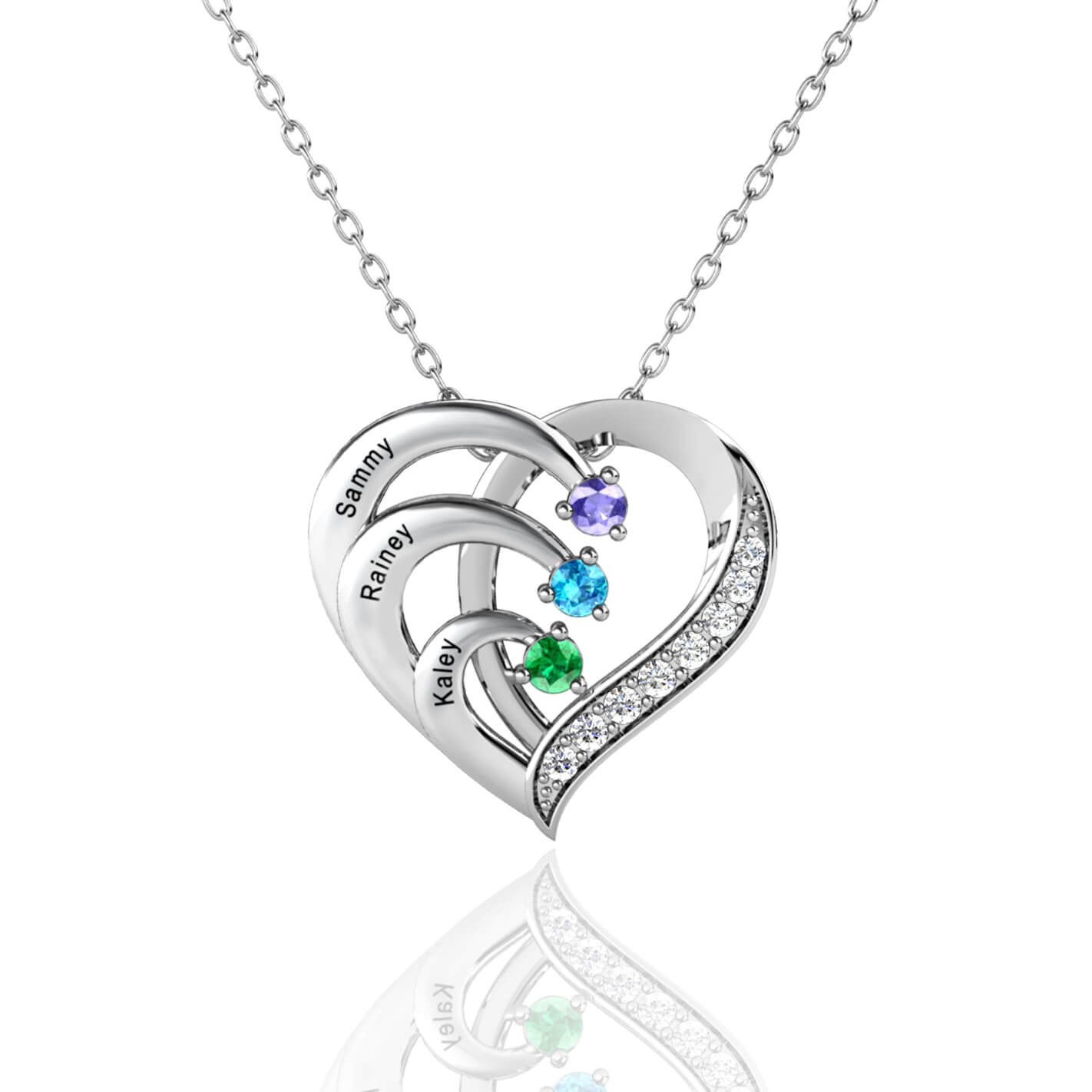 Personalised 3 Name Necklace with 3 Birthstone - Engraved Necklace - IFSHE