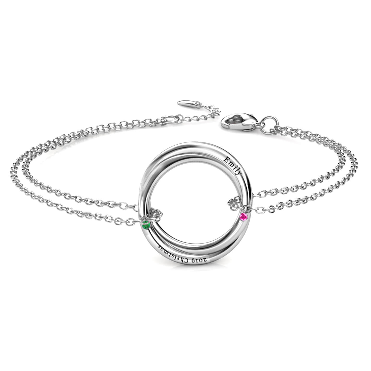 Personalised Birthstone Russian 2 Ring Bracelet, Engraved 2 Name Bracelet, Sterling Silver