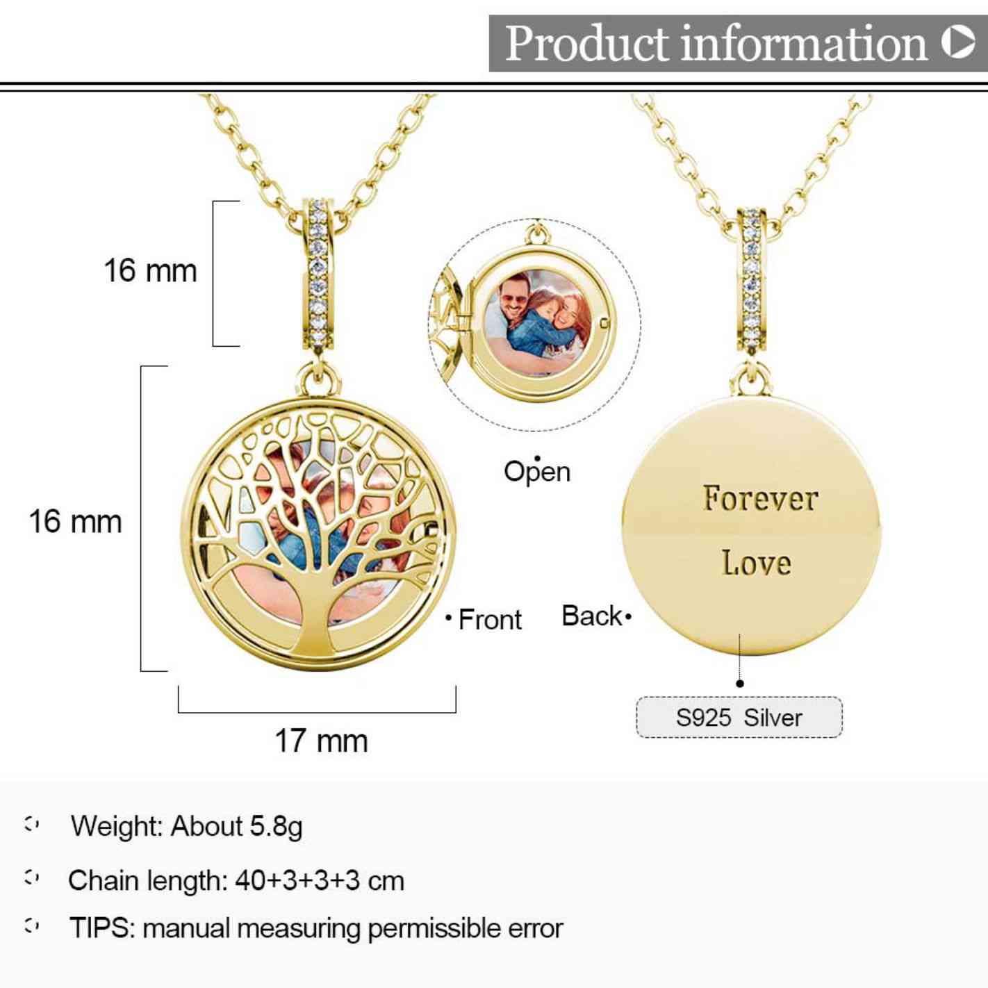 Personalised Family Tree Locket with Photo - Locket with Picture Inside - Gold