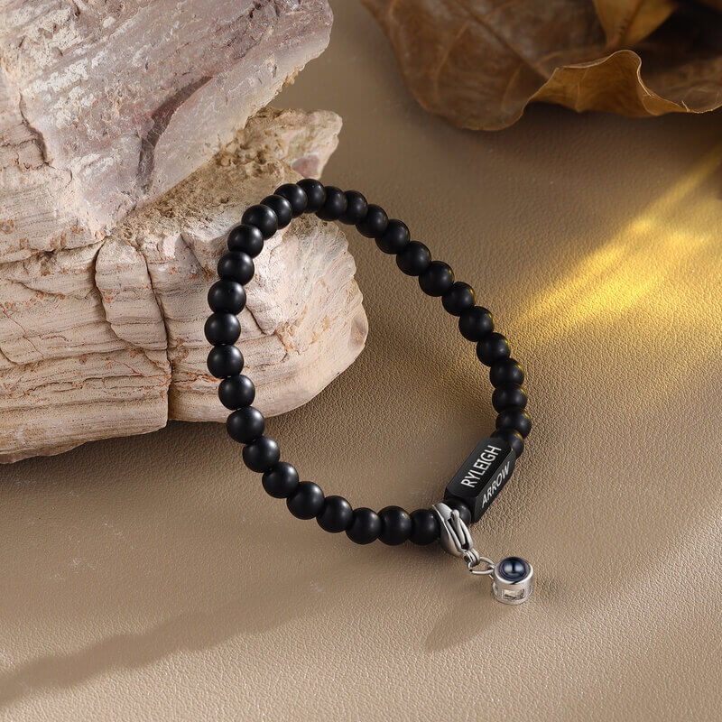 Projection Volcanic Stone Bracelet with Engraved Name Bar