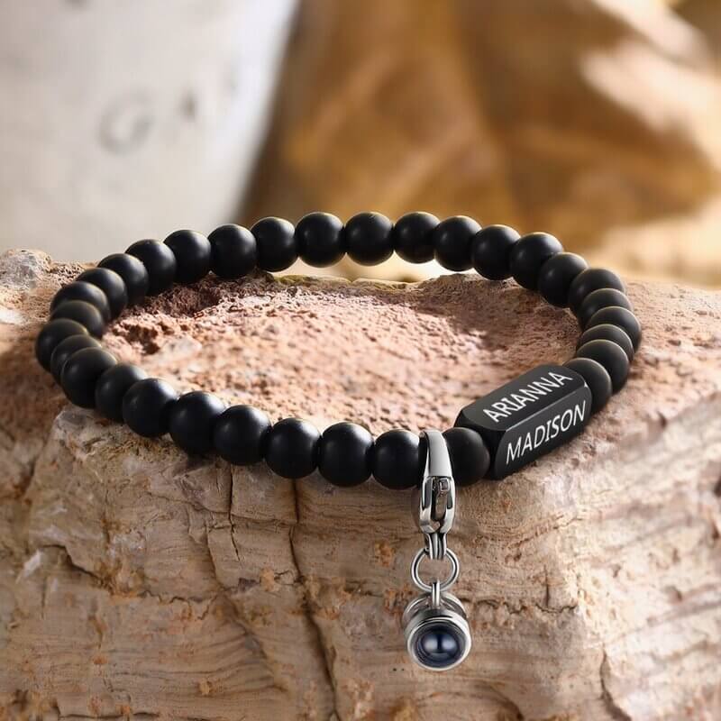 Projection Volcanic Stone Bracelet with Engraved Name Bar