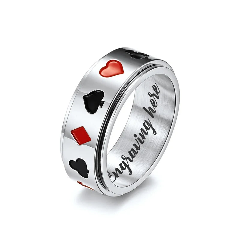 Men's Fidget Ring | Poker Themed Stainless Steel Anxiety Ring | Spinner Ring 3 Colours