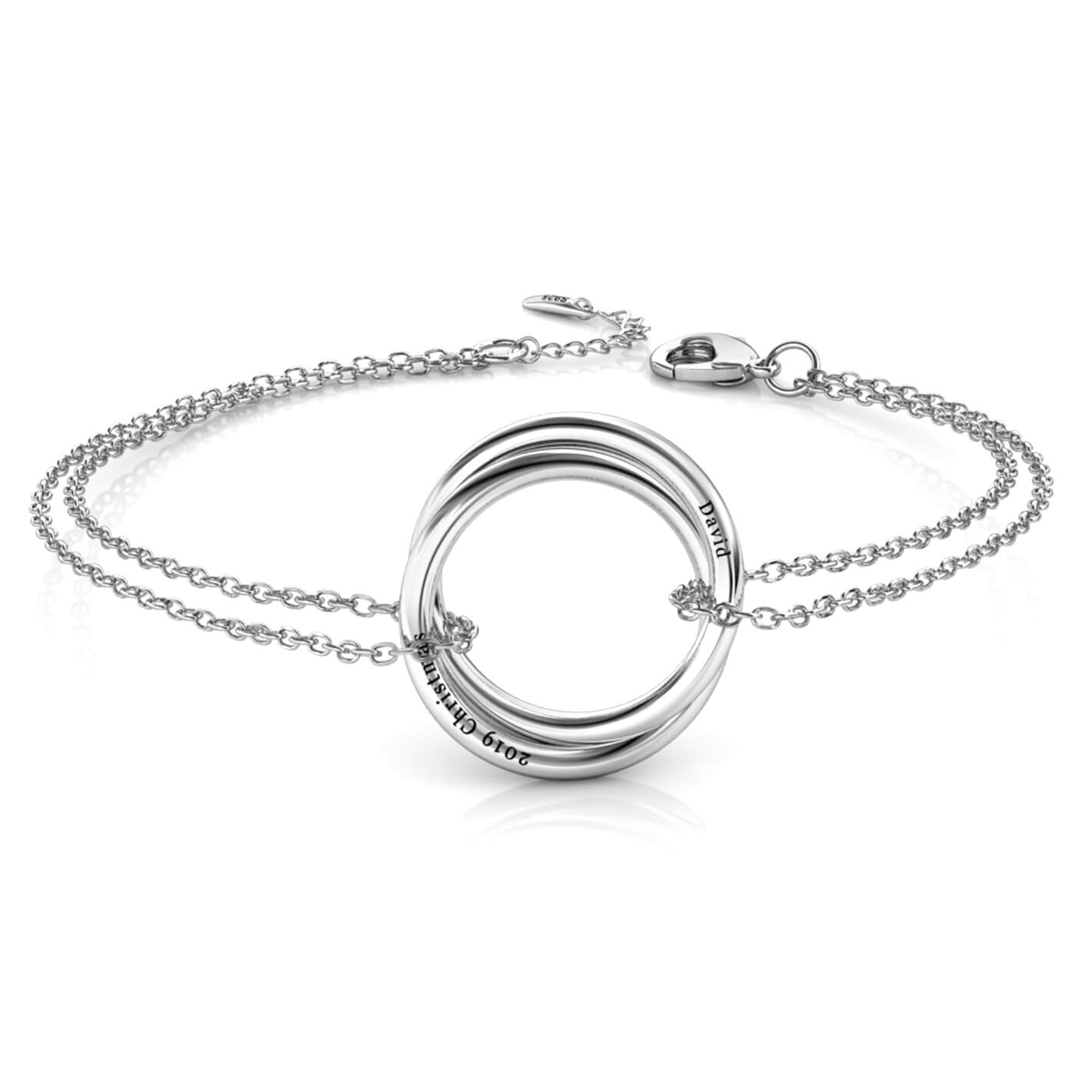 Personalised Russian 2 Ring Bracelet, Engraved 2 Name Bracelet, Sterling Silver