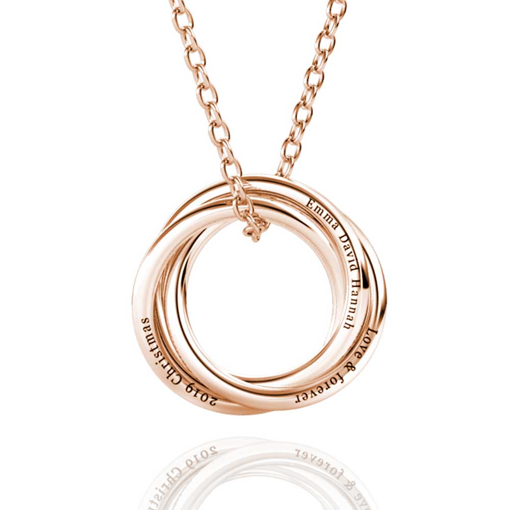 Personalised Russian 3 Ring Necklace, Engraved 3 Name Necklace, Sterling Silver, Rose Gold