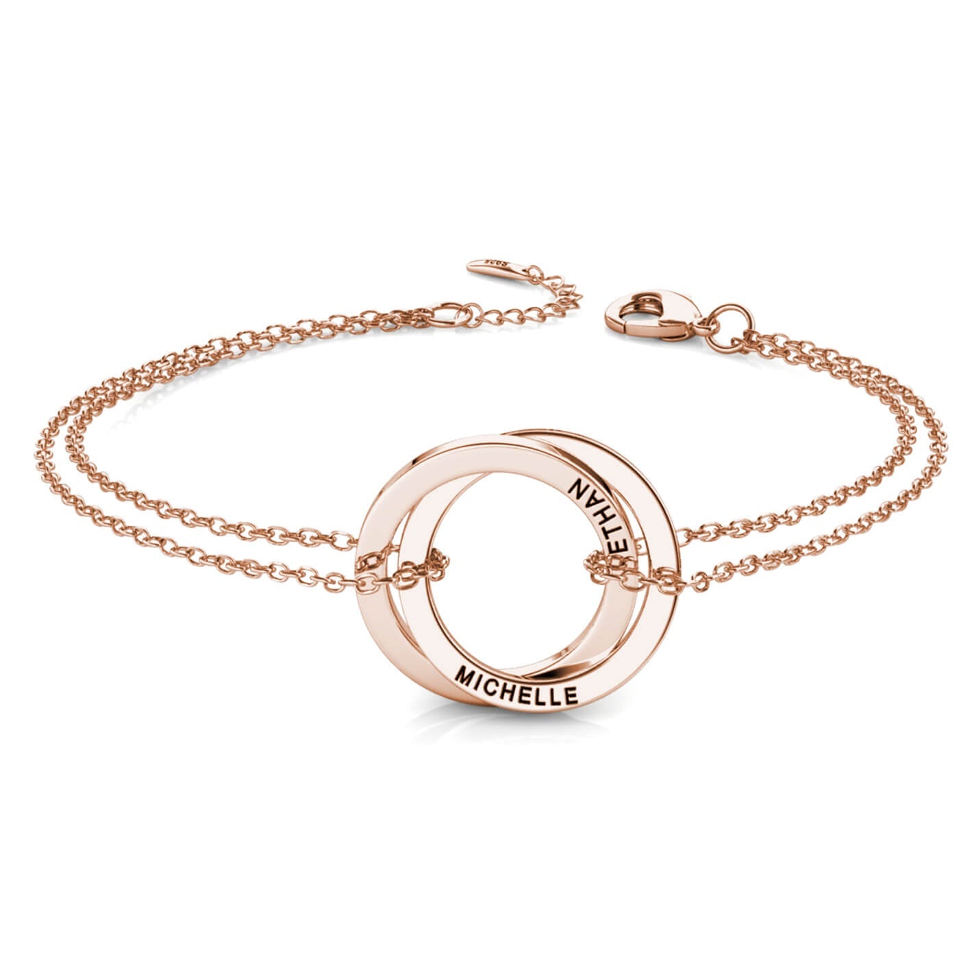 Russian 2 Ring Bracelet - Engraved 2 Name Bracelet - Sterling Silver - Rose Gold